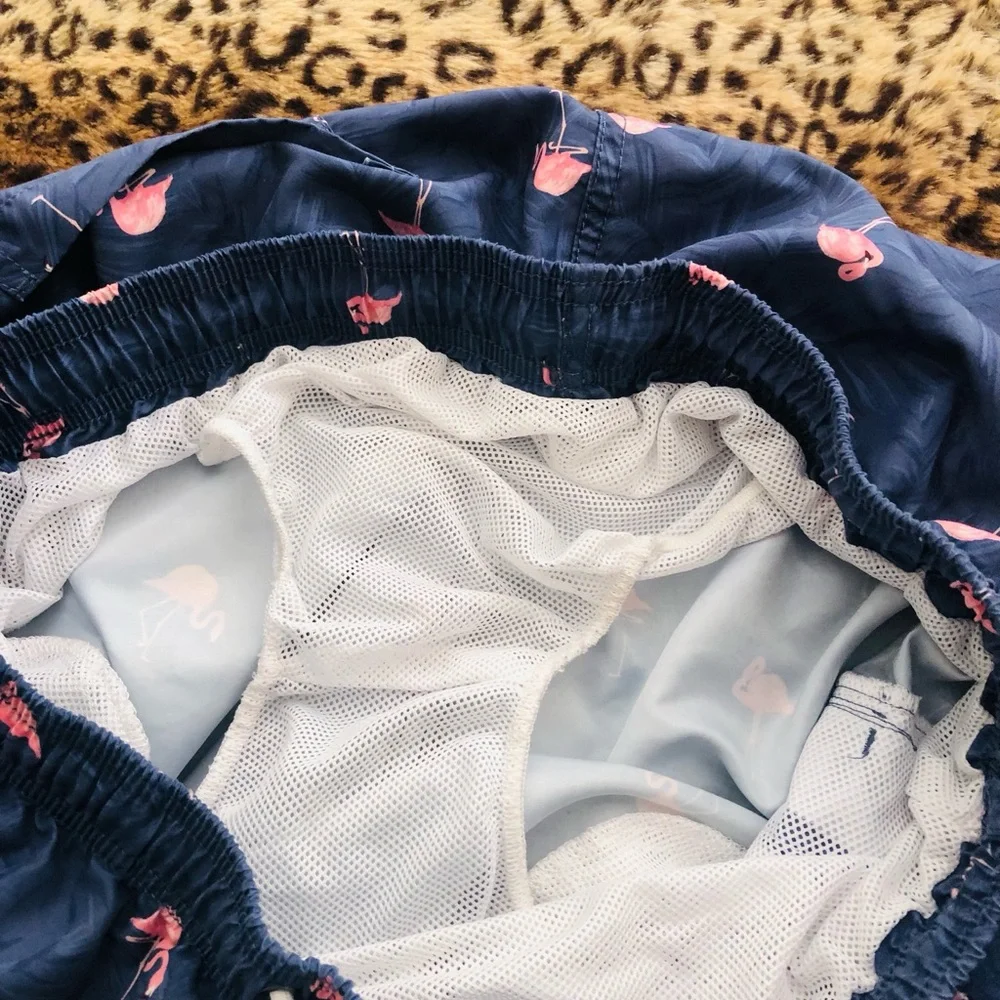SHEIN Navy Blue Flamingo-Print Swim Trunks with White Drawstring